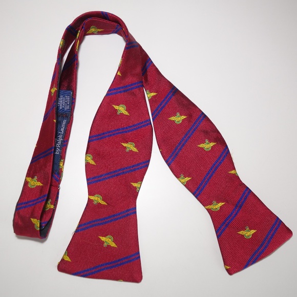 Vtg Ralph Lauren Red Bow Tie w/ Blue Stripes & Gold Wings In Royal Ring Pattern - Picture 1 of 5